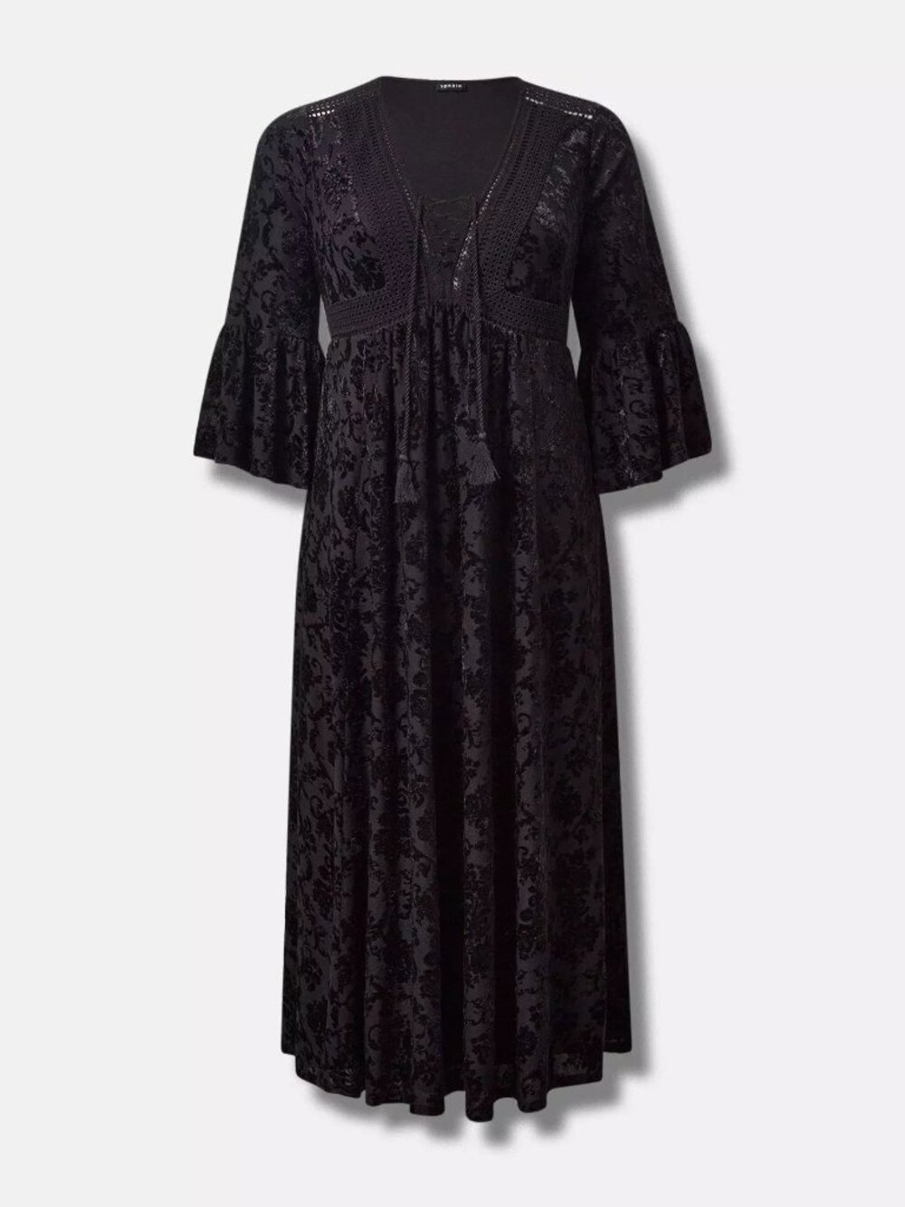 TORRID MAXI BURNOUT VELVET LACE‑UP BELL SLEEVE DRESS FLORAL BLCK — SIZE 1 — NWOT
